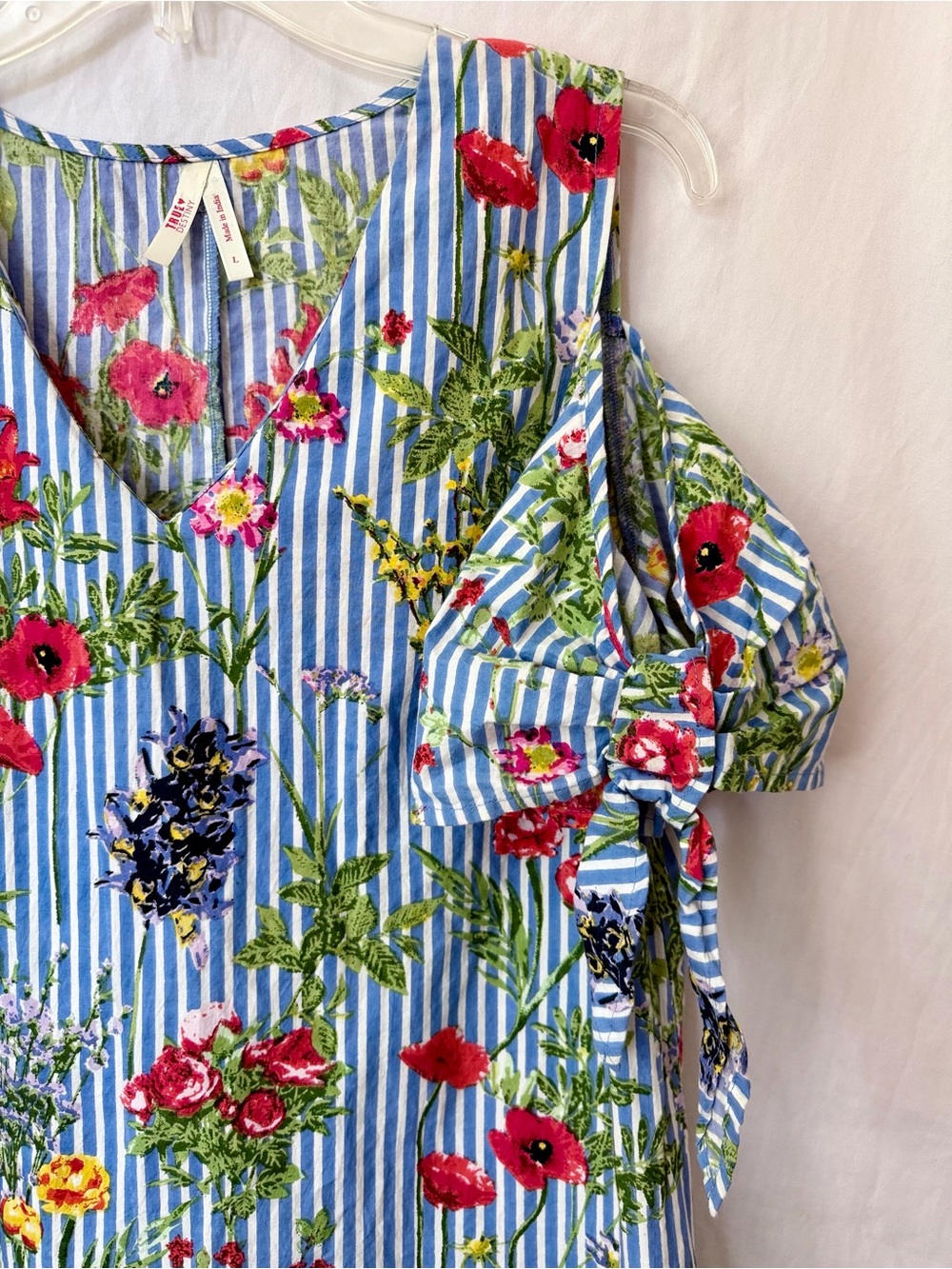 Floral Stripe Bow Sleeve Blouse Blue White Red Statement Top